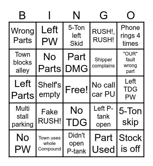 Lordco Bingo Card