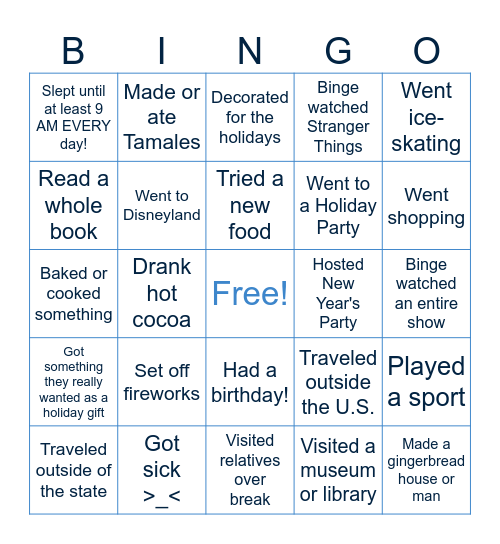 Winter Break Bingo Card