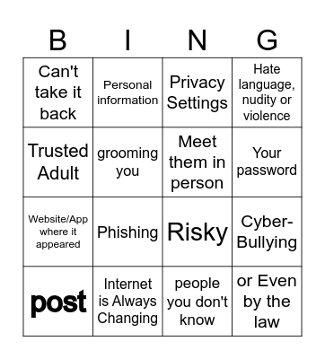 Internet Safety Bingo Card