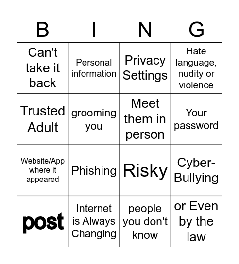 Internet Safety Bingo Card