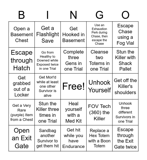DBD Bingo Card