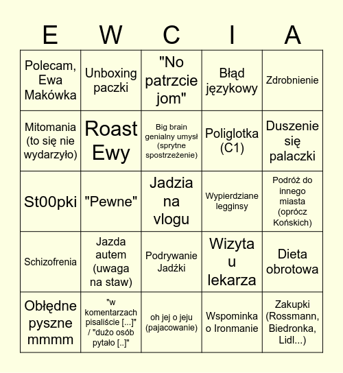 Pewne Bingo Pewnej Vlogerki Bingo Card