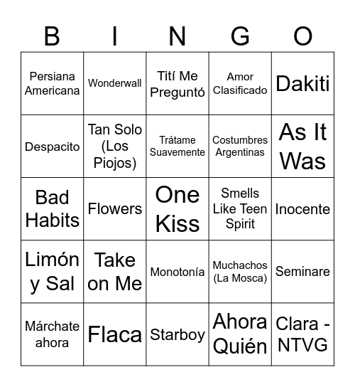 Bingo Musical Bingo Card