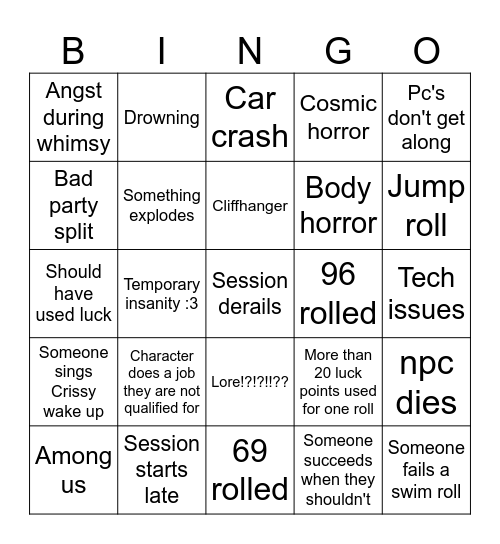 Whimsy one shot Bingo Card