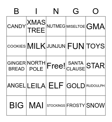 2016 Family Christmas  Bingo Card
