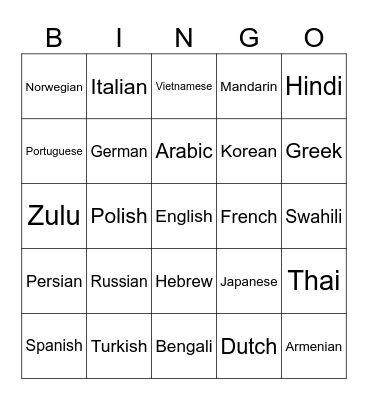 Languages Bingo Card