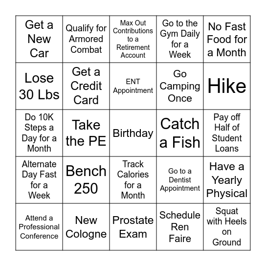 Year Goals Bingo Card