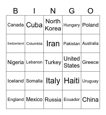 Countries Bingo Card