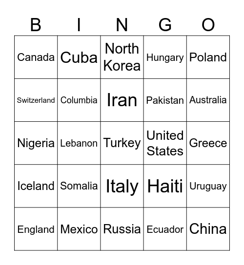 Countries Bingo Card