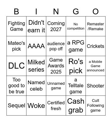 Game Awards 2025 Bingo Card