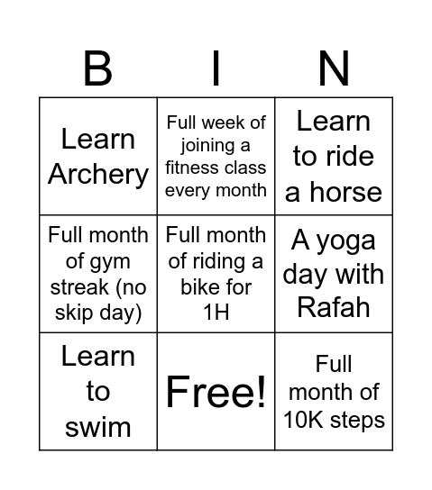 Fitness Bingo Card
