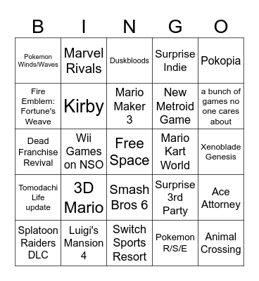9/9 Nintendo Direct Bingo Card
