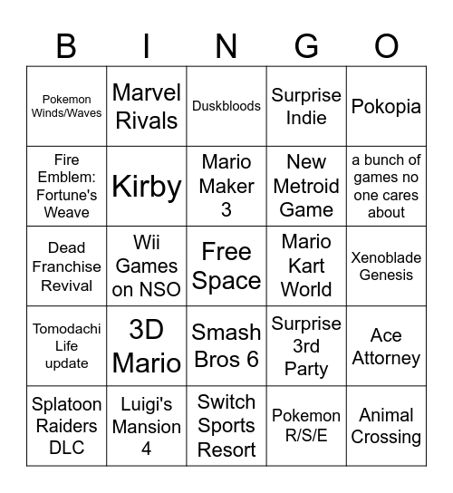 9/9 Nintendo Direct Bingo Card