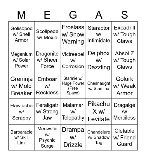 ZA Mega Abilities Bingo Card
