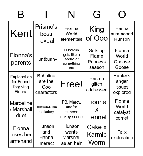 Fionna and Cake Season 3 Bingo Card
