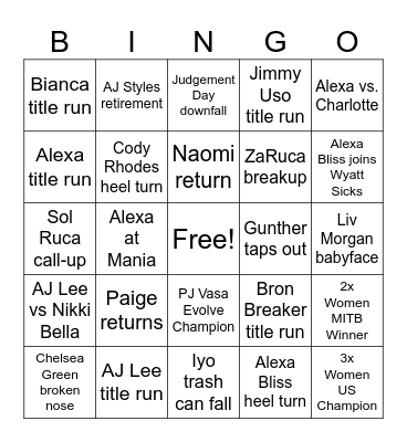 2026 WWE Bingo Card Bingo Card