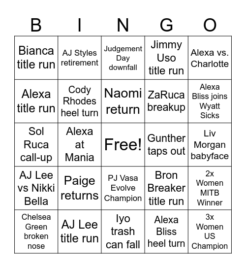 2026 WWE Bingo Card Bingo Card