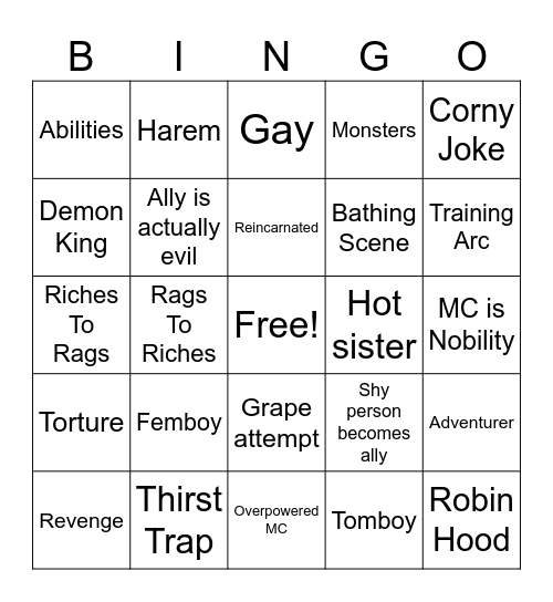 Fantasy Manga Board Bingo Card