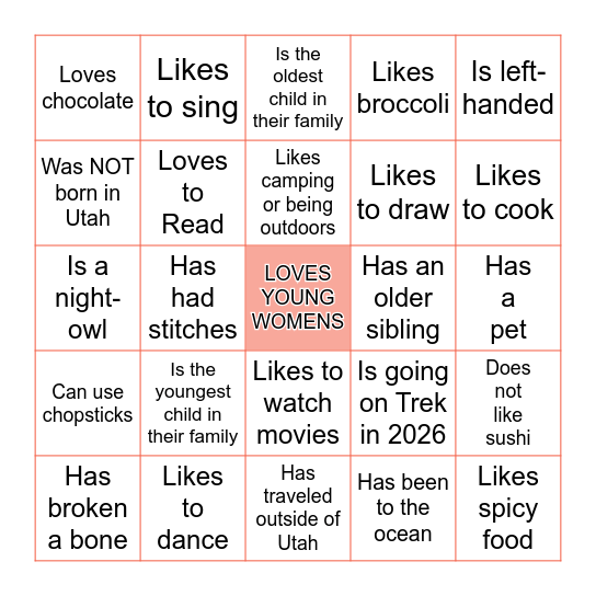 YOUNG WOMEN BINGO Card