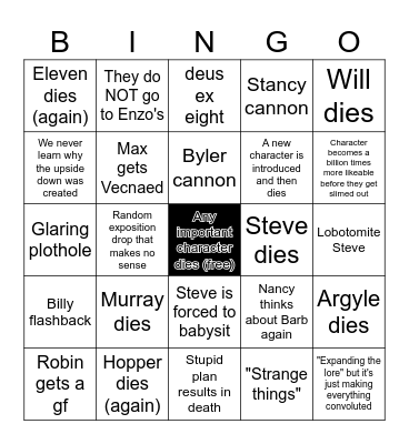 Stranger Things Season 5 Bingo Card