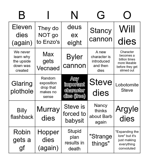 Stranger Things Season 5 Bingo Card