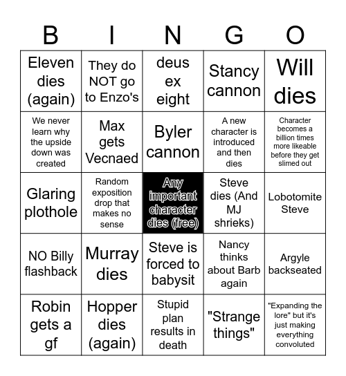 Stranger Things Season 5 Bingo Card
