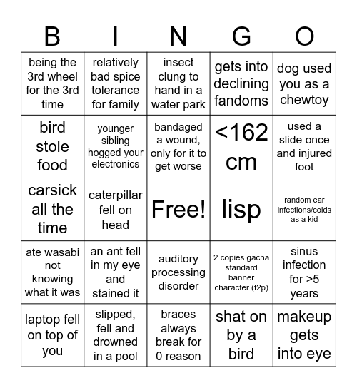 are you as unlucky as me? Bingo Card