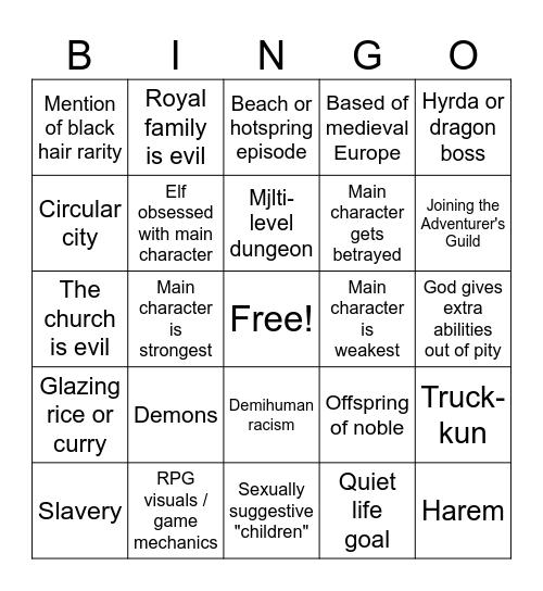 Every Isekai Ever Bingo Card