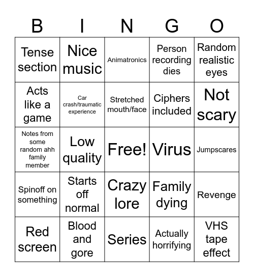 Generic analog horror bingo Card