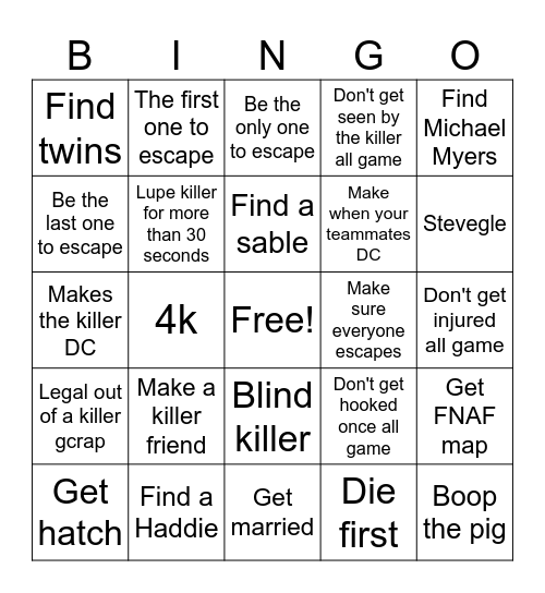 DBD survivor bingo Card