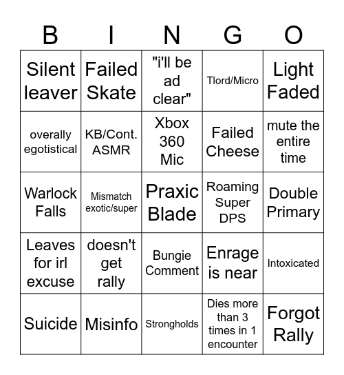 Destiny 2 Lfg Bingo Card