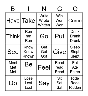 Irregular Verbs Bingo Card
