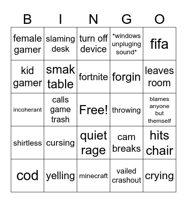 Gamer rage comp Bingo Card