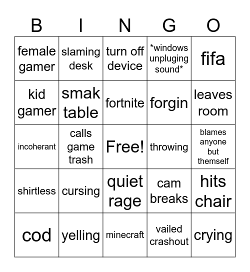 Gamer rage comp Bingo Card