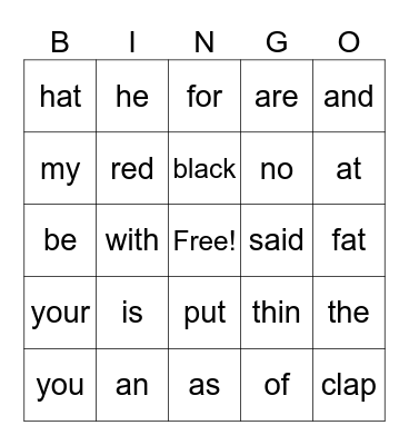 Sight words Bingo Card