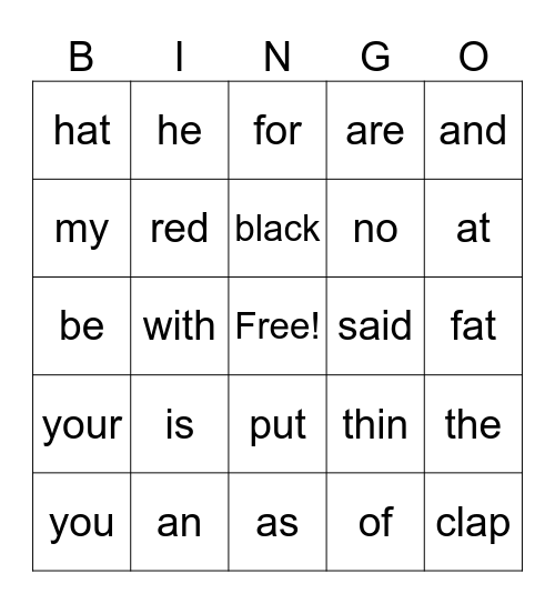 Sight words Bingo Card