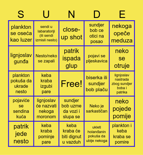 Sundjer bob bingo Card
