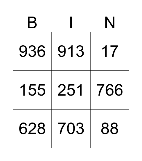 Subtraction Bingo Card