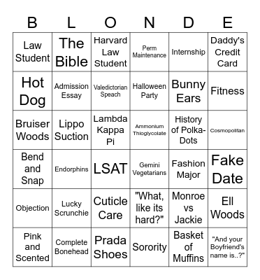 LCCC Movie Legally Blonde Bingo Card