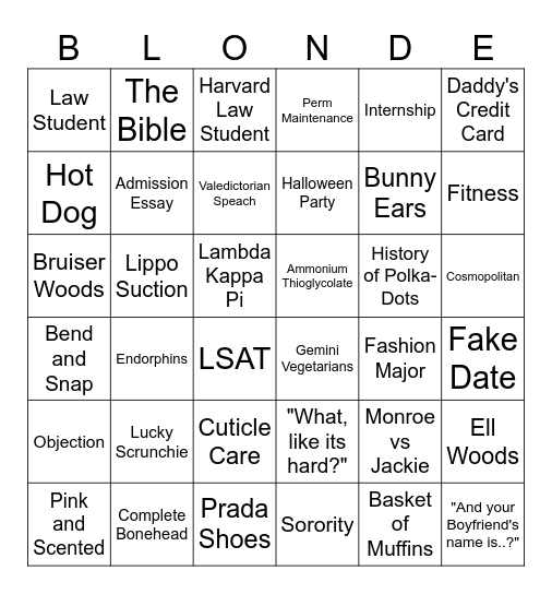 LCCC Movie Legally Blonde Bingo Card