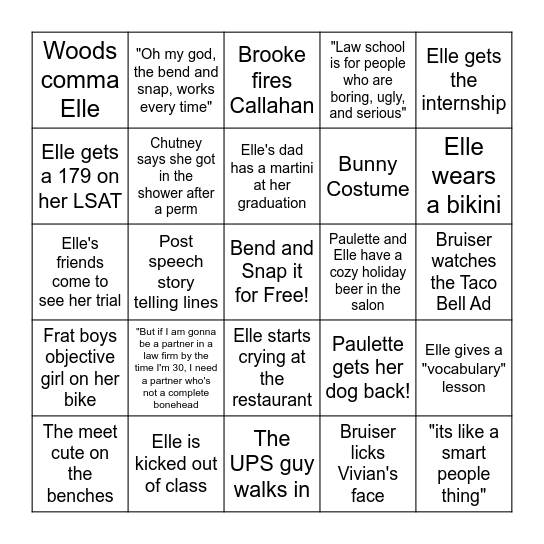 Legally Blonde Bingo Card