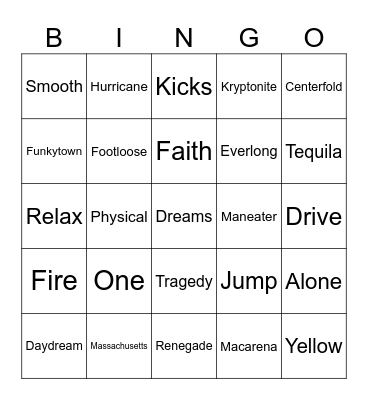 Songs With A One Word Title Bingo Card