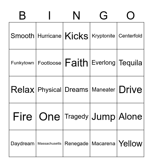 Songs With A One Word Title Bingo Card