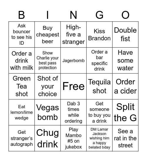 BAR CRAWL Bingo Card