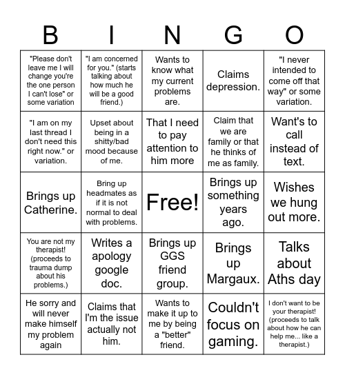 Griff Apology Bingo Card