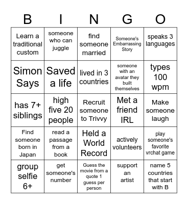 VR Chat Bingo Card
