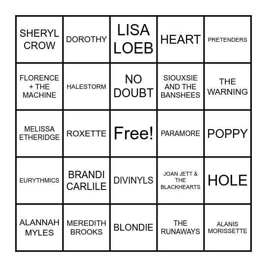 WOMEN OF ROCK Bingo Card