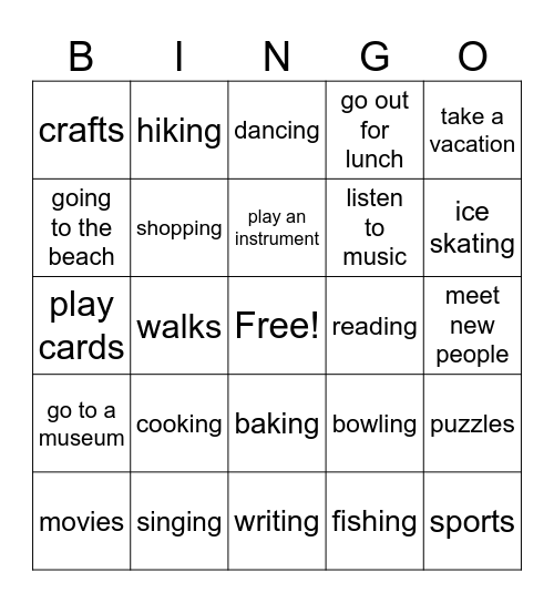 Leisure Bingo Card
