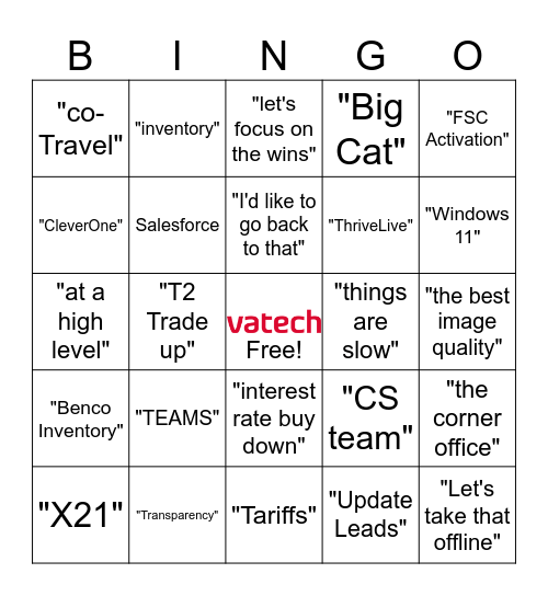 Vatech Call Bingo Card