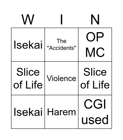 Anime Bingo Card